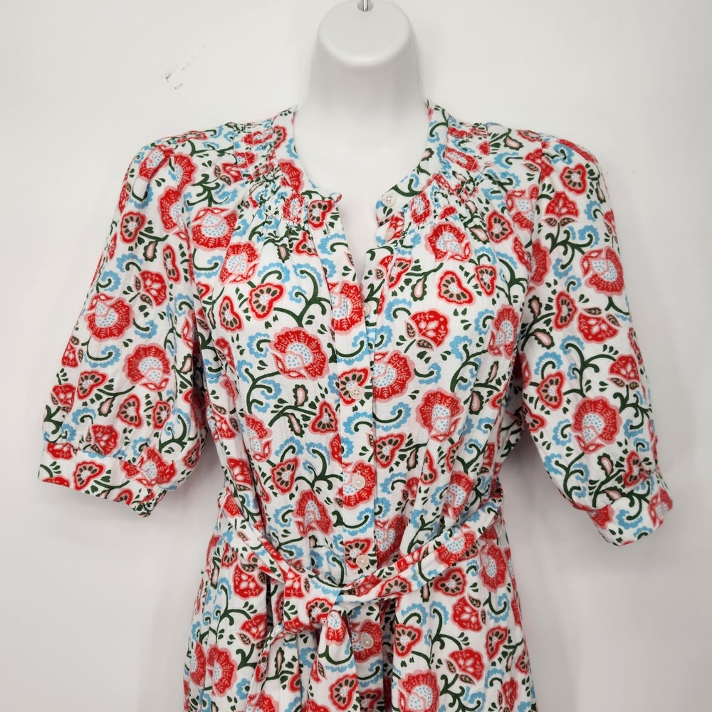 Boden Ada Double Cloth Short Dress Floral Cotton Button Down Midi Red Blue US 8L - Picture 8 of 10